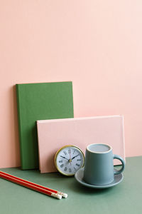 High angle view of coffee cup on table