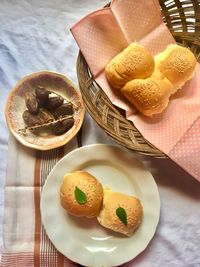 High angle view of dessert served on table