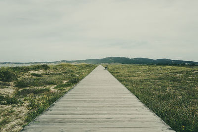 Pier over field against sky