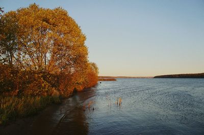 Scenic view of lake against clear sky during autumn