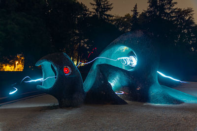 View of illuminated sculpture on street at night