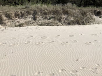 High angle view of footprints on sand at beach