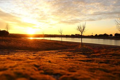 Surface level of land against sky during sunset