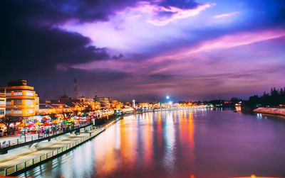 Illuminated buildings by river against sky at sunset