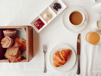 High angle view of breakfast served on table