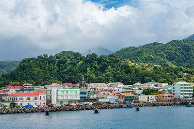 Scenic view of sea by mountains against sky