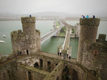 Panoramic view of suspension bridge over sea