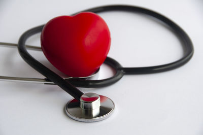 Close-up of stethoscope on white background