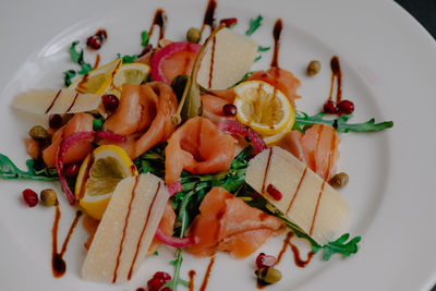 High angle view of serving food in plate