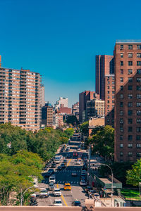 Buildings in city against clear blue sky