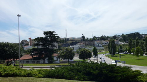 Street amidst trees and buildings against sky