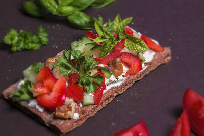 High angle view of salad in plate on table