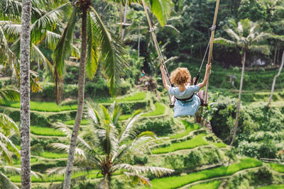 Rear view of woman swinging against trees