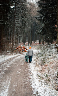 Rear view of person walking on snow covered road