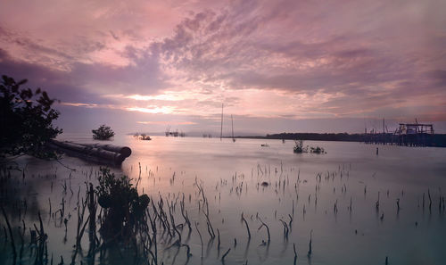 Scenic view of lake against sky during sunset