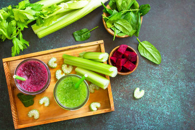 High angle view of chopped fruits and vegetables