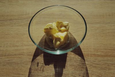 High angle view of fruits in glass on table