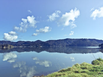 Reflection of clouds in calm lake