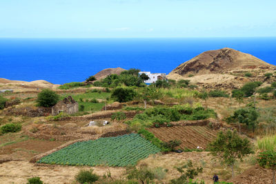 Scenic view of sea and mountains against sky