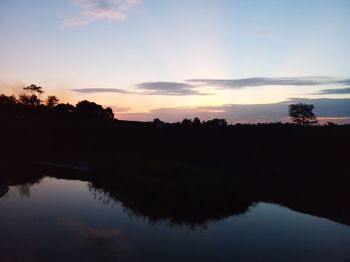 Silhouette trees by lake against sky during sunset