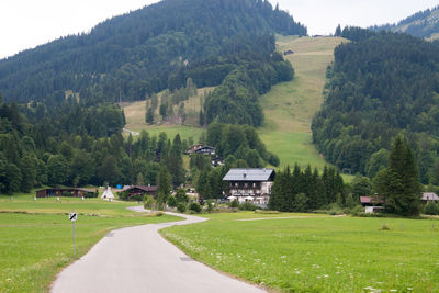 Scenic view of trees and houses on field