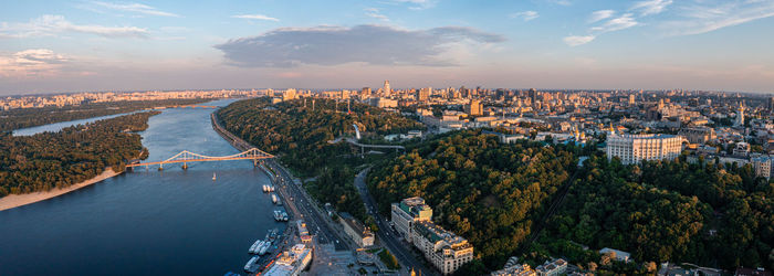 Beautiful sunset over kyiv city from above.