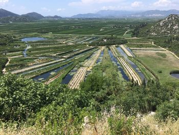 High angle view of agricultural field against sky