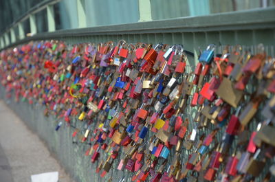 Close-up of padlocks on railing