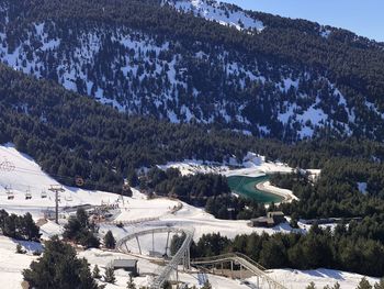 High angle view of snow covered mountains