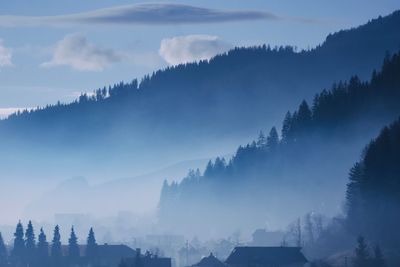 Panoramic view of trees and mountains against sky