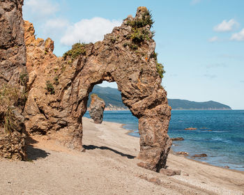 A rock formation on the coast of the sea of okhotsk. cape velikan, island sakhalin , russia