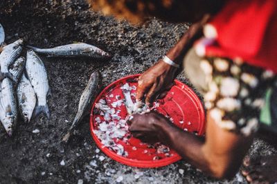 Low section of man cleaning fish while crouching on field