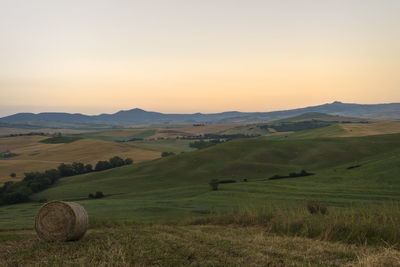 Scenic view of farm against sky during sunset