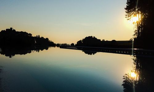 Reflection of trees in river at sunset