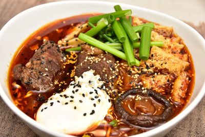 High angle view of food in bowl on table