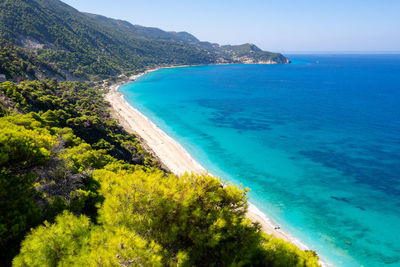 Scenic view of bay against clear sky