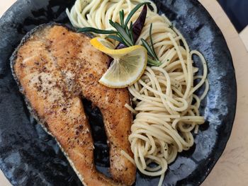 High angle view of food in plate on table