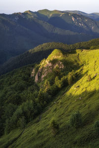 High angle view of landscape and mountains