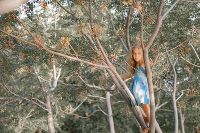 Playful girl standing on branches in forest