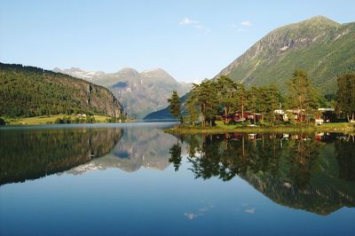 Scenic view of lake and mountains against sky