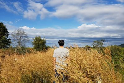 Rear view of man looking at field against sky