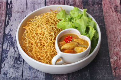 High angle view of soup in bowl on table