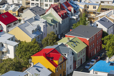 High angle view of residential buildings in city