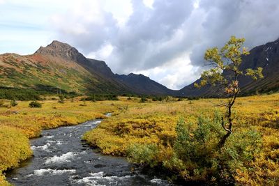Scenic view of mountains against sky during autumn