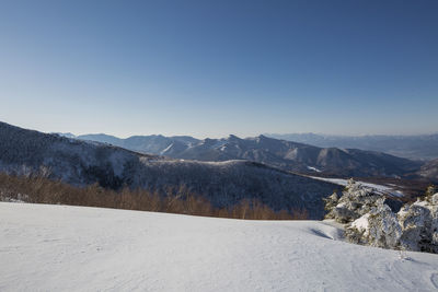 Scenic view of snowcapped mountains against clear sky