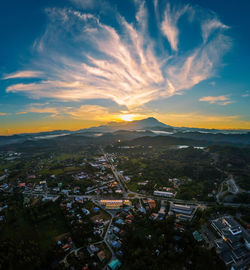 High angle view of townscape against sky during sunset