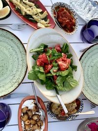 High angle view of meal served on table