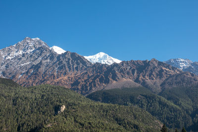 Scenic view of mountains against clear blue sky