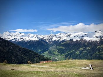 Scenic view of snowcapped mountains against sky