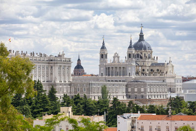 Aerial view of almudena cathedral, the st. andrew's church and the royal palace of madrid.